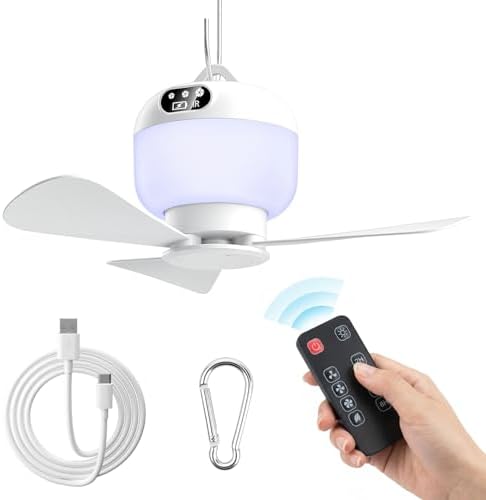 Camping Fan with Light & Remote, Portable Ceiling Fan Wireless Rechargeable Tent Fan with 4 Speeds,3 Light Modes,Timer, Battery Powered Fan for Tents, Canopy, Beach, RV, Car, Camper & Outdoor by Unknown