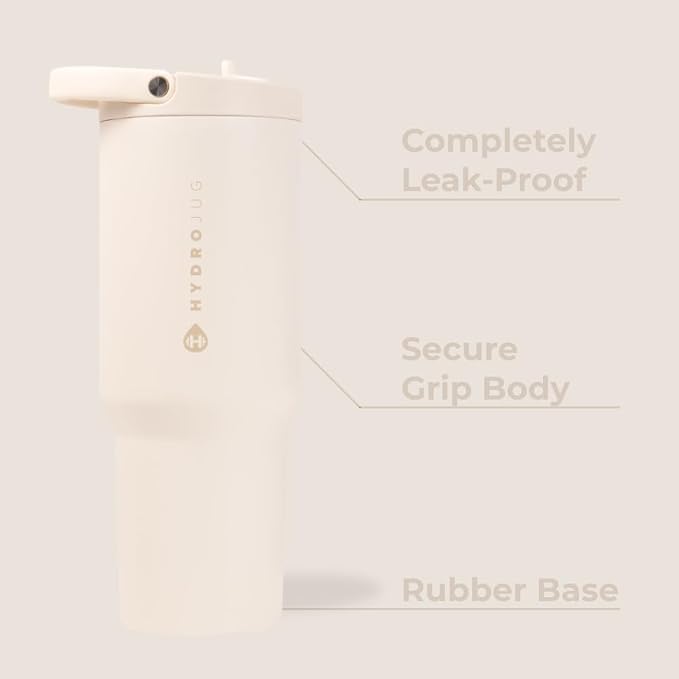 HydroJug Sport - Stainless Steel Tumbler with Straw, Vacuum Insulated, 40oz Leakproof Water Bottle, Ergonomic Design, Reusable, Dishwasher Safe, Rubber Base, Durable for Gym or Outdoors, Cream - Image 2