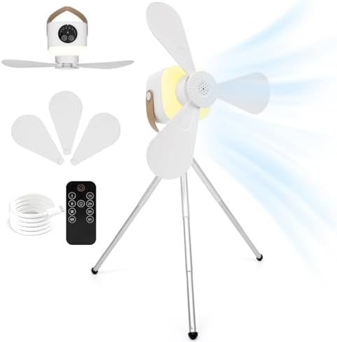 Camping Fan with Telescopic Stand, 7200mAh Tent Fans with LED Light, Remote Control, Detachable Blades and Hook 4 Speeds 3 Brightness Timer Portable Ceiling Fan for Tents Car Picnics Travel by Unknown