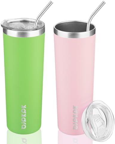 BJPKPK 20 oz Skinny Tumbler with Lid Slim Insulated Travel Coffee Cup Stainless Steel Thermal Mug,Green,Light Pink (Pack of 24) by BJPKPK