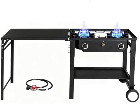 ROVSUN 2 Burner Outdoor Propane Gas Stove with Foldable Side Table & Ignition, 150,000 BTU Stand Cooker for Backyard Cooking Camping Home Brewing Canning Turkey Frying by ROVSUN