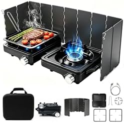 2 Burner Camp Stove 24000 BTU, Portable Propane Camping Stove with Windshield, Foldable Gas Stove with Adjustable Burners, Carry Bag, Camping Cooking Set for RV, Tailgating, Survival, Black by COGRICHBF