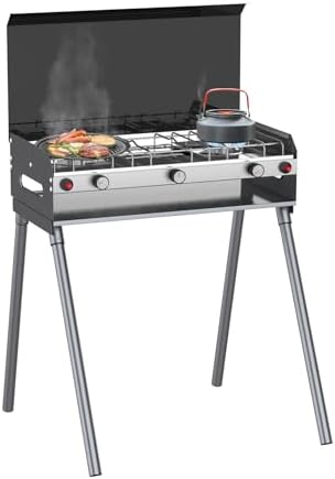 CAMPLUX 2 Burners & 1 Grill Propane Camping Stove, 15,000 BTU Portable Outdoor Propane Camping Grill Burner with Free Standing Legs, Auto-Ignition Gas Stove with Regulator, Black by CAMPLUX