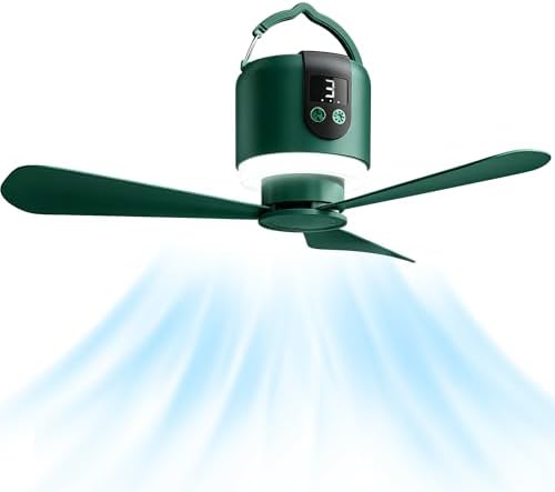 18“ Camping Ceiling Fan with Light & Remote, 15600mAh Battery Operated Tent Fan,Power Bank,Rechargeable Battery Powered Fan,Hangable Camping Fan,Camping Essential (Green) by Geonfi