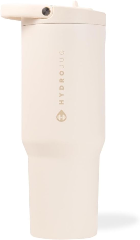 HydroJug Sport - Stainless Steel Tumbler with Straw, Vacuum Insulated, 32oz Leakproof Water Bottle, Ergonomic Design, Reusable, Dishwasher Safe, Rubber Base, Durable for Gym or Outdoors, Cream by Hydrojug