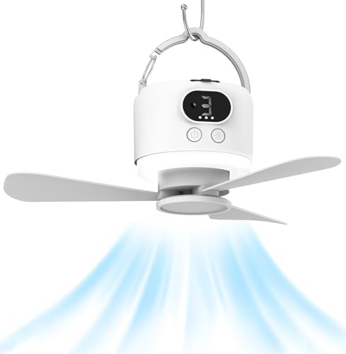 11“ Camping Ceiling Fan with Light & Remote, Battery Operated Tent Fan,Rechargeable Battery Powered Fan,Hangable Camping Fan,Camping Essential (White-10040mAh, Centimeters, 28.9) by Geonfi