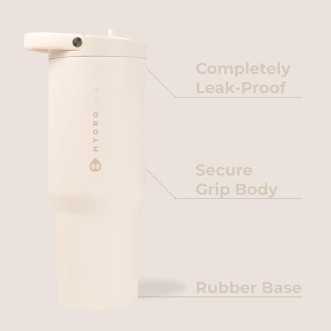 HydroJug Sport - Stainless Steel Tumbler with Straw, Vacuum Insulated, 32oz Leakproof Water Bottle, Ergonomic Design, Reusable, Dishwasher Safe, Rubber Base, Durable for Gym or Outdoors, Cream - Image 2
