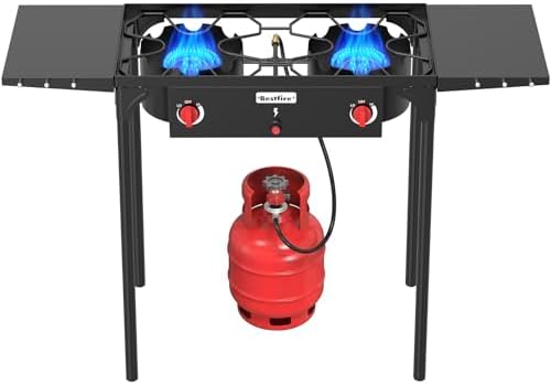Bestfire 2 Burner Propane Camping Stove with 2 Side Shelves,Safer & Convenient Auto Ignition,150,000 BTU High Pressure,CSA-Certified, 30s Tool-Free Setup, Portable, Estufa De Gas Portatil by GrillsOutdoorCooking