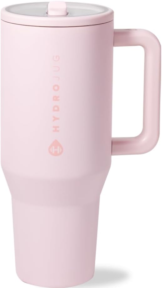 HydroJug Traveler - 32 oz Water Bottle with Handle & Flip Straw - Fits in Cup Holder, Leak Resistant Tumbler-Reusable Insulated Stainless Steel & Rubber Base - Gifts for Women & Men, Pink Sand by Hydrojug