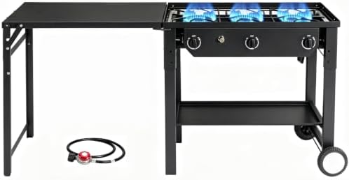 ROVSUN 3 Burner Outdoor Propane Gas Stove with Foldable Side Table & Ignition, 225,000 BTU Stand Cooker for Backyard Cooking Camping Home Brewing Canning Turkey Frying by ROVSUN