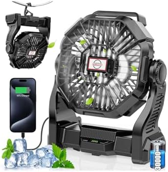 Rechargeable Camping Fan with LED Lantern,Portable Battery Powered Outdoor Fan for Bedroom,Camping,Travel,Hiking,Beach,Office,Trave Accessories(Black) by Unknown