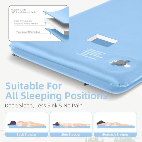 Wevelel Memory Sleeping Pad, 3.1" Ultra-Thick Foam Sleeping Mats for Camping, Easy Inflate&Deflate,9.5 R-Value Insulated Camping Mattress Pad with Pillow, for Car Travel Tent - Image 3