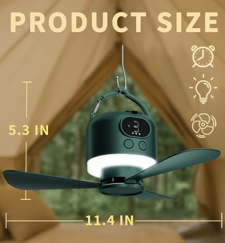 11" Tent Fan with Light & Remote, Camping Ceiling Fan with 10040mAh Rechargeable Battery, Portable Hanging Fan for Tent, RV, Canopy, Outdoor Camping (Green, Centimeters, 28.9) - Image 2