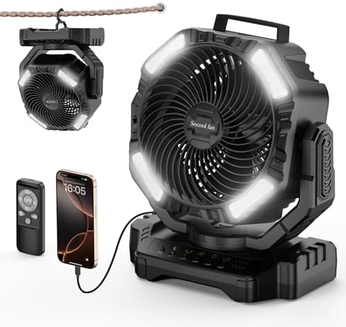 Socool 40000mAh Camping Fan Rechargeable, Battery Operated Portable Outdoor Fan Remote, 136Hrs & 4-Speed Cordless Oscillating, Table Fan with Light & Timer for Tent RV Jobsite Hurricane Power Outage by Socoolfancoolinhand