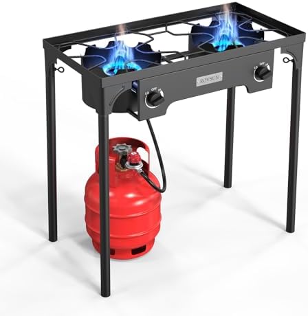 ROVSUN 2 Burner Outdoor Propane Gas Stove with Adjustable Regulator, 150,000 BTU High Pressure Stand Cooker for Backyard Cooking Camping Home Brewing Canning Turkey Frying by ROVSUN
