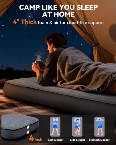 Hikenture 4" Thick Self Inflating Sleeping Pad, Foam & Air Camping Mattress - Image 2
