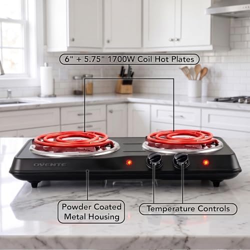 OVENTE Electric Double Burner, 1700W Coil Hot Plate, Black BGC102B - Image 4