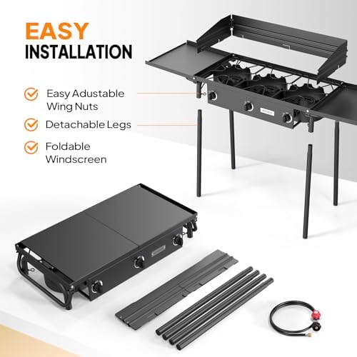 ROVSUN 3 Burner Propane Gas Stove with Side Shelf & Carrying Bag, 225,000BTU Outdoor Burner with Wind Panel & CSA Listed Regulator, Picnic Cooker for Home Patio Cooking Camping Brewing Turkey Frying - Image 4