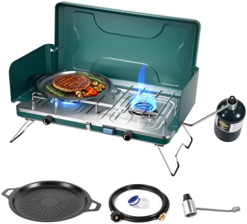 2-Burner Propane Stove, Portable Camping Cooktop with 2 Adjustable Burner and Wind Guards, 20000BTU Camping Stove with Ignition & Griddle for Camping,Tailgating, BBQ, Grilling,Outdoor Gear by Gospowor