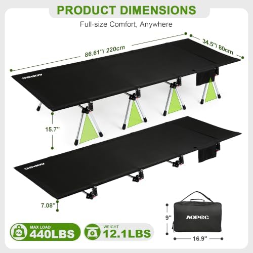 87" Extra Long Camping Cot, Heavy-Duty Aluminum Frame 440lbs, Black - Image 2