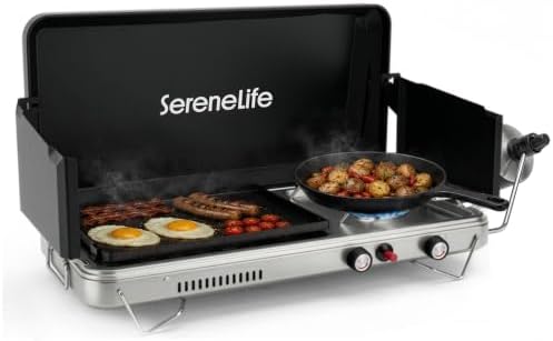 Camping Stove 2 in 1 Griddle Combo Portable Propane Camp Stove with Griddle Plate 10000 BTU Stove 5000 BTU Griddle Compact Outdoor Cooking for Camping Tailgating RV Backyard by SereneLife
