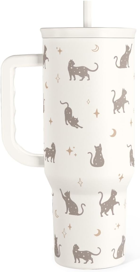 Gift for Cat Lovers Cat Mom – 40oz Stainless Steel Tumbler with Handle and Straw - Travel Coffee Mug for Women, Gift for Birthday, Christmas by SANDJEST