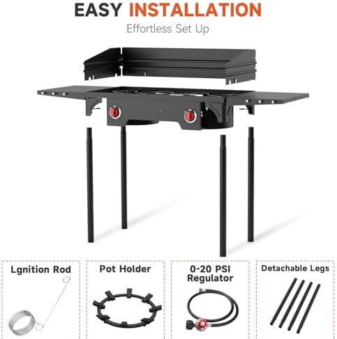High Pressure Propane Stove, 2 Burner Outdoor Propane Burner with Windscreen ＆ Side Shelves, 150,000 BTU Gas Stove with 0-20 PSI Regulator for Camping, Backyard, Picnic, Outdoor Cooking - Image 4