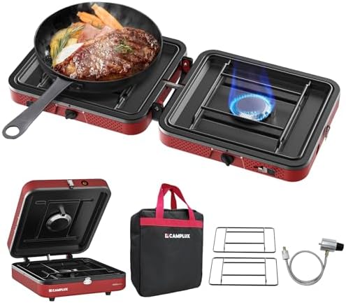 CAMPLUX FoldGo 2 Burner Portable Camping Stove 17,200 BTU, Foldable Propane Stove for Outdoor Cooking with Carry Bag, Portable Gas Stove with 2 Adjustable Burners, Red by CAMPLUX