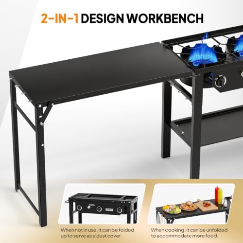 ROVSUN 3 Burner Outdoor Propane Gas Stove with Foldable Work Station, Auto-ignition & Regulator, 225,000 BTU Powerful Camping Burner with Portable Wheels for Backyard Patio Cooking Brewing Frying - Image 3