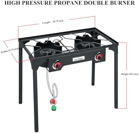 COOKAMP High Pressure Double Propane Burner Outdoor Camping Stove with 0-20 PSI Adjustable Regulator and Steel Braided Hose (Two Burner Stove) - Image 2