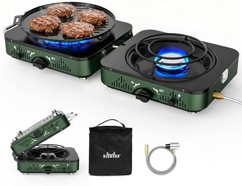 BIG HORN OUTDOORS 2 Burner Propane Camping Stove, Portable Camp Stove, Folding Gas Stove, Includes Frying Pan & Carry Bag for Camping, Emergency Use and Outdoor Cooking by BigHornOutdoors