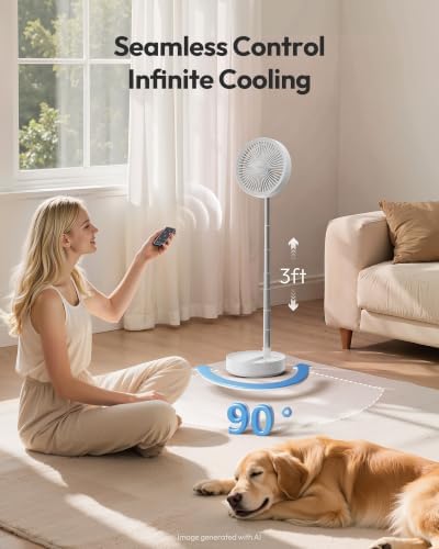 Gaiatop Portable Pedestal Fan 16000mAh Battery [Max 74h Runtime], Foldable Oscillating Standing Fan, Collapsible Desk Fans, LED Light, Case & Remote Control 4 Speeds for Outdoor Travel Camping (White) - Image 5