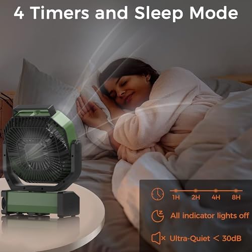 Camping Fan with Light - 20000mAh Rechargeable Battery Fan, 112Hrs Max Run Time, 8 Speeds, Digital Display, Timer, Auto Oscillation, 270° Pivot & Hook for Camping, Power Outage, Hurricane (Army Green) - Image 5