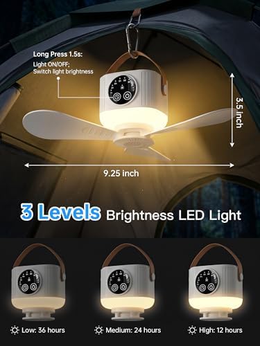 Portable Camping Ceiling Fan with Light and Remote, 9.25" Wireless 7200mAh Rechargeable Tent Fan, 4 Speeds, 3 Brightness, Timer, Battery Powered Hanging Fan for Tent, RV, Canopy, Gazebo - Image 3