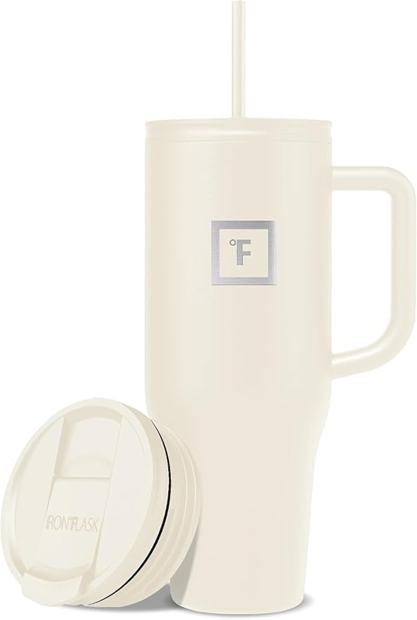 IRON °FLASK Co-Pilot Insulated Mug w/Straw & Flip Cap Lids - Cup Holder Bottle for Hot, Cold Drink - Leak-Proof - Water, Coffee Portable Travel Mug - Cashmere Cream, 40 Oz by IronFlask