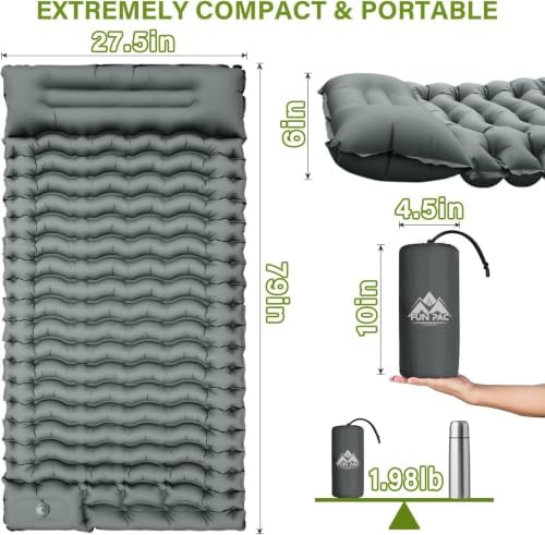 FUN PAC Ultralight Inflatable Ca Camping Sleeping Pad, Ultralight Camping Mat with Pillow Built-in Foot Pump Inflatable Sleeping Pads Compact for Camping Backpacking Hiking Traveling - Gray - Image 2
