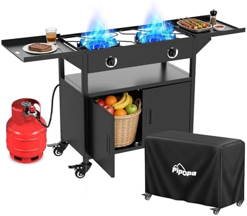 2 Burner Propane Camping Stove Outdoor|150000 BTU|Side Shelf with Cabinet by Pipopa