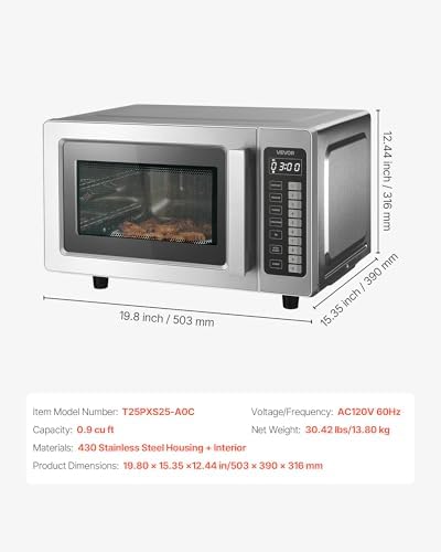 VEVOR Commercial Microwave Oven, 0.9 Cu Ft, 1000W Digital Stainless Steel Countertop Microwave Oven with Touchscreen, 10 Cooking Presets, 5 Power Levels, Multi-Lock Door & Easy Clean for Restaurants - Image 7