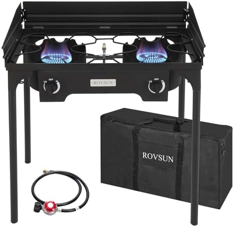 ROVSUN 2 Burner Outdoor Propane Gas Stove with Windpanel, Carrying Bag & Regulator, 150,000 BTU Stand Cooker for Backyard Cooking Camping Home Brewing Canning Turkey Frying by ROVSUN