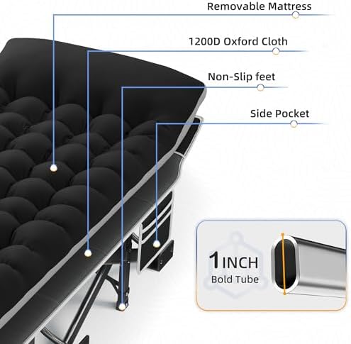 HABUTWAY Camping Cot with Mattress, 32" Extra Wide Camping Cots for Adults, Sleeping Cot for Adults Holds Up to 600LBS, Cots for Sleeping, Camp, Rv, Beach, Patio, Office Naps(Black) - Image 6