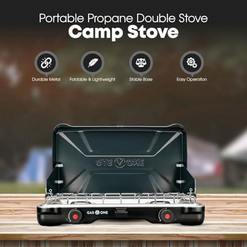 GasOne PS-2500MBA Portable Camping Stove – Double Propane Stove with Auto Twist Turn Ignition – 22,000 BTU Camping Cooktop with 2 Burners and Wind Guard – Ideal for Tailgating, Fishing, Travel - Image 2