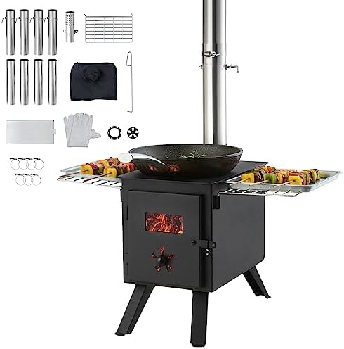 VEVOR Camping Wood Stove Alloy Steel Camping Tent Stove, Portable Wood Burning Stove with Chimney Pipes & Gloves, 1400in³Firebox Hot Tent Stove for Outdoor Cooking and Heating with 8 Pipes by VEVOR