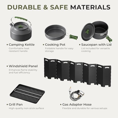 20000 BTU Propane Camping Stove with Cookware Set & Carry Bag Olive - Image 5