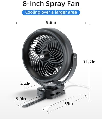 ATEngeus 20000mAh Misting Fan with Clip, 8'' Portable Clip on Fan Battery Operated, 3 Speeds, 3 Mist Modes, Hook, Silicone strap, Max 90H Runtime for Golf Cart, Canopy, Camping Essentials - Image 5