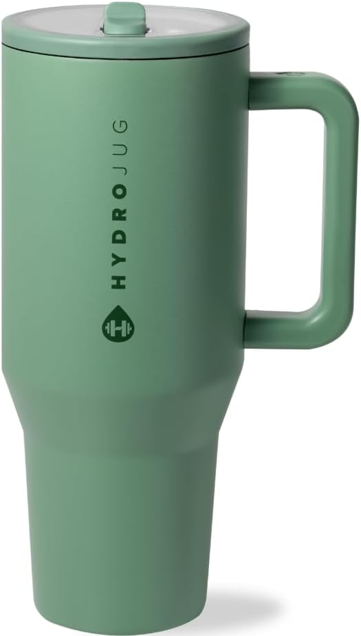 HydroJug Traveler - 32 oz Water Bottle with Handle & Flip Straw - Fits in Cup Holder, Leak Resistant Tumbler-Reusable Insulated Stainless Steel & Rubber Base - Gifts for Women & Men, Sage by Hydrojug
