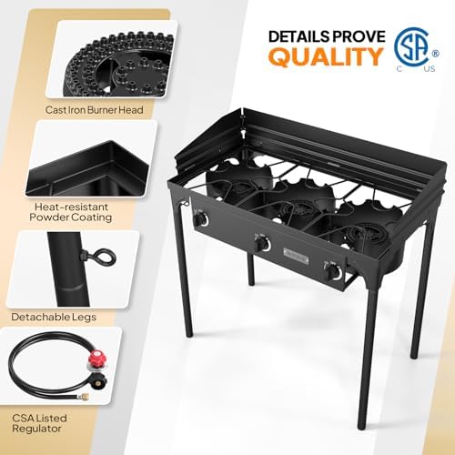 ROVSUN 3 Burner Propane Gas Stove with Carrying Bag, 225,000 BTU Patio Outdoor Camping Burner with Wind Panel & CSA Listed Regulator, Picnic Cooker for Home Patio Cooking Brewing Turkey Frying Canning - Image 3