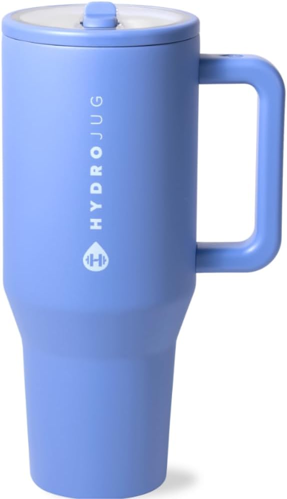 HydroJug Traveler - 40 oz Water Bottle with Handle & Flip Straw - Fits in Cup Holder, Leak Resistant Tumbler-Reusable Insulated Stainless Steel & Rubber Base - Gifts for Women & Men, Light Blue by Hydrojug