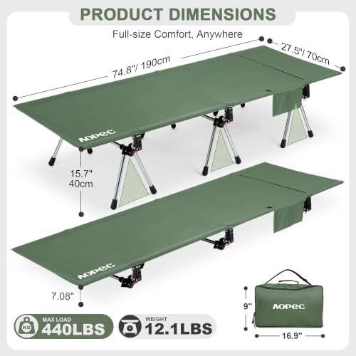 Height Adjustable Camping Cot, 350lbs Heavy-Duty Aluminum Frame, Green - Image 2