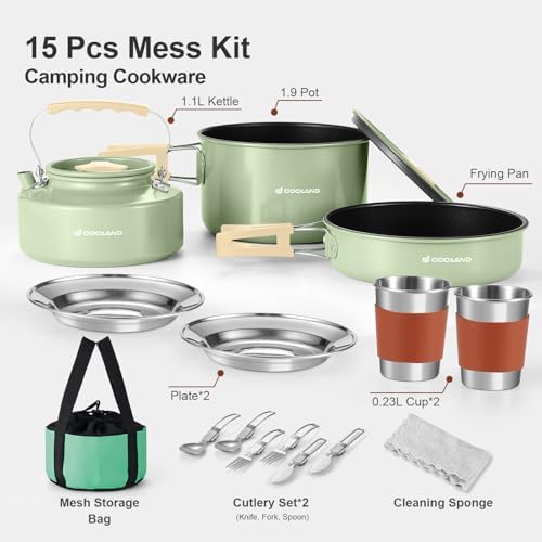 Odoland 15pcs Camping Cookware Mess Kit, Lightweight Pot Pan Kettle Set - Image 2