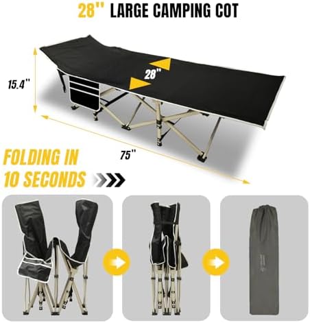 YELLOW JACKET Folding Camping Cot for Adults,600LBS Max Load,28" Wide Sleeping Cot with Removable Thick Mattress Portable Foldable Camping Bed with Carry Bag for Camp,Home,Office,Travel,Black - Image 4